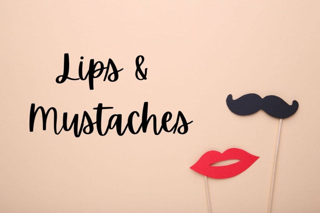 bridal shower activity props of red lips and black mustache, lips and mustaches