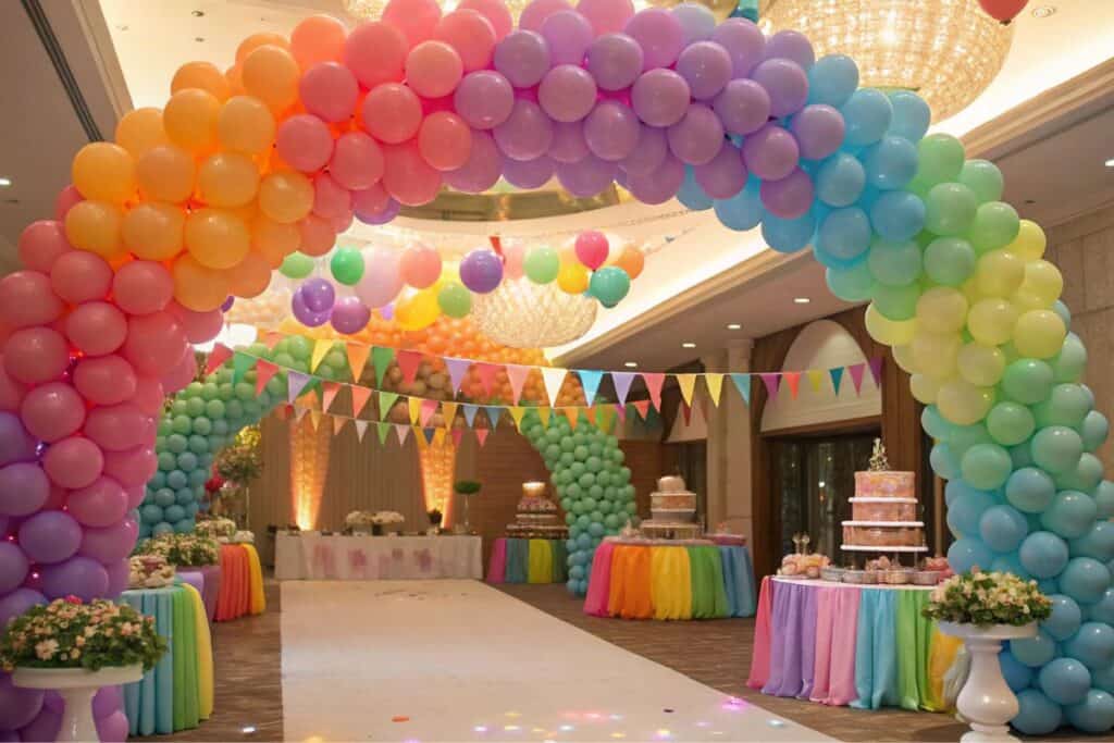 Fantastic example of decorating a large space for a party. Using two balloon arches frames the space nicely.