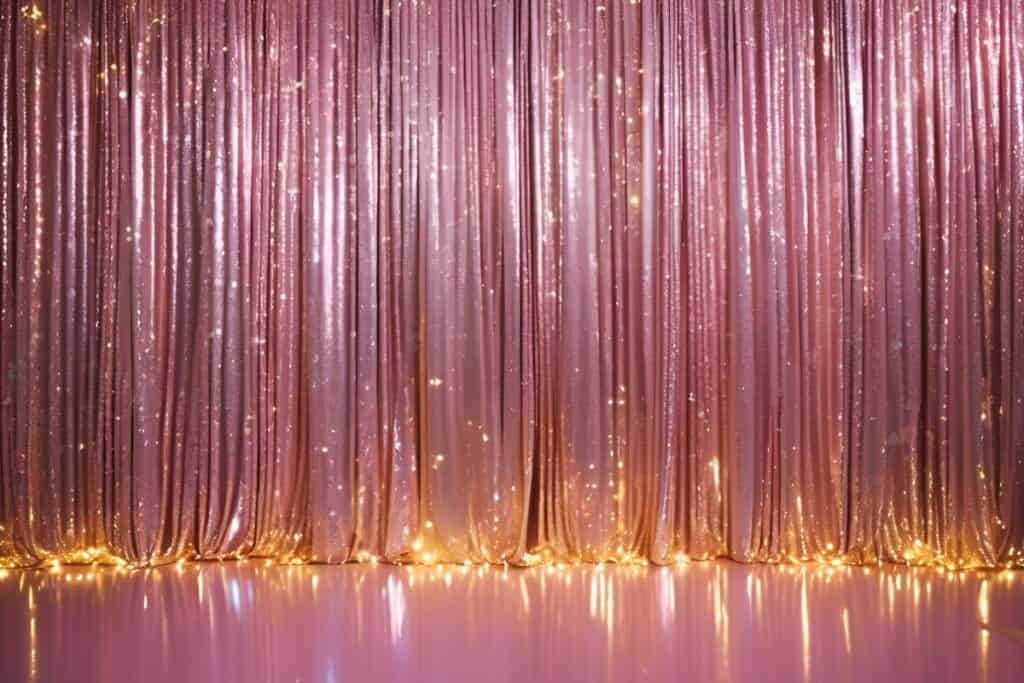 Dusty pink metallic fringe being used as pretty backdrop and to hide unsightly features in a party space.