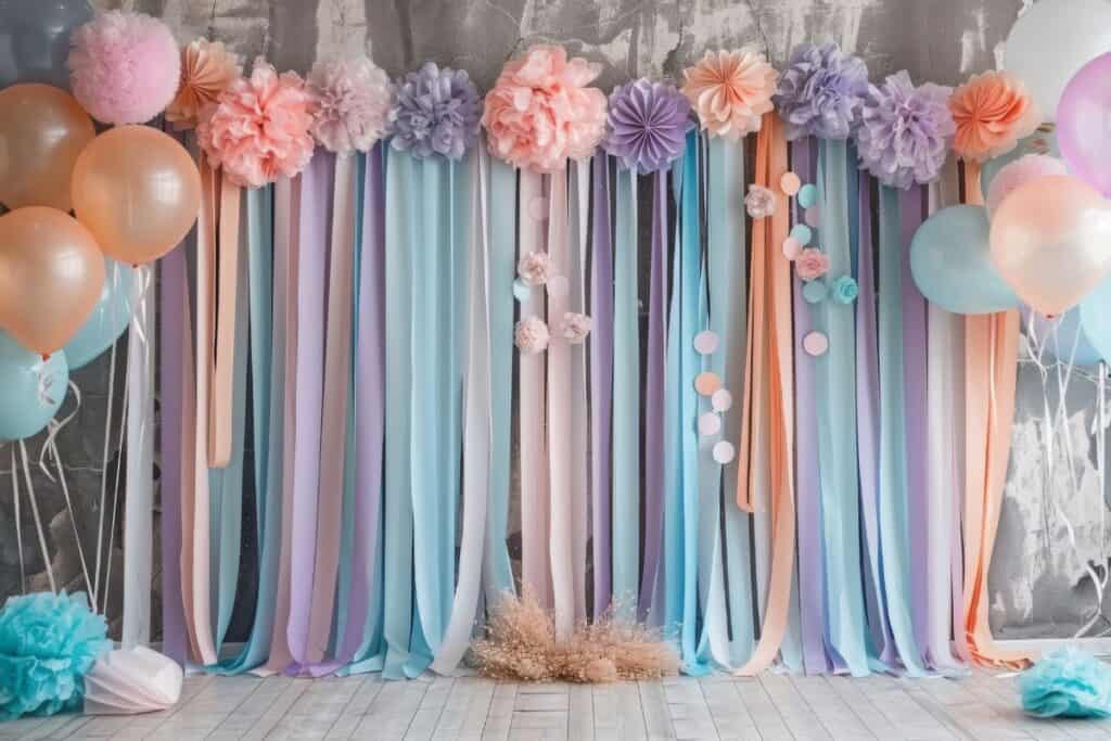 Pastel backdrop used to decorate a large party space.