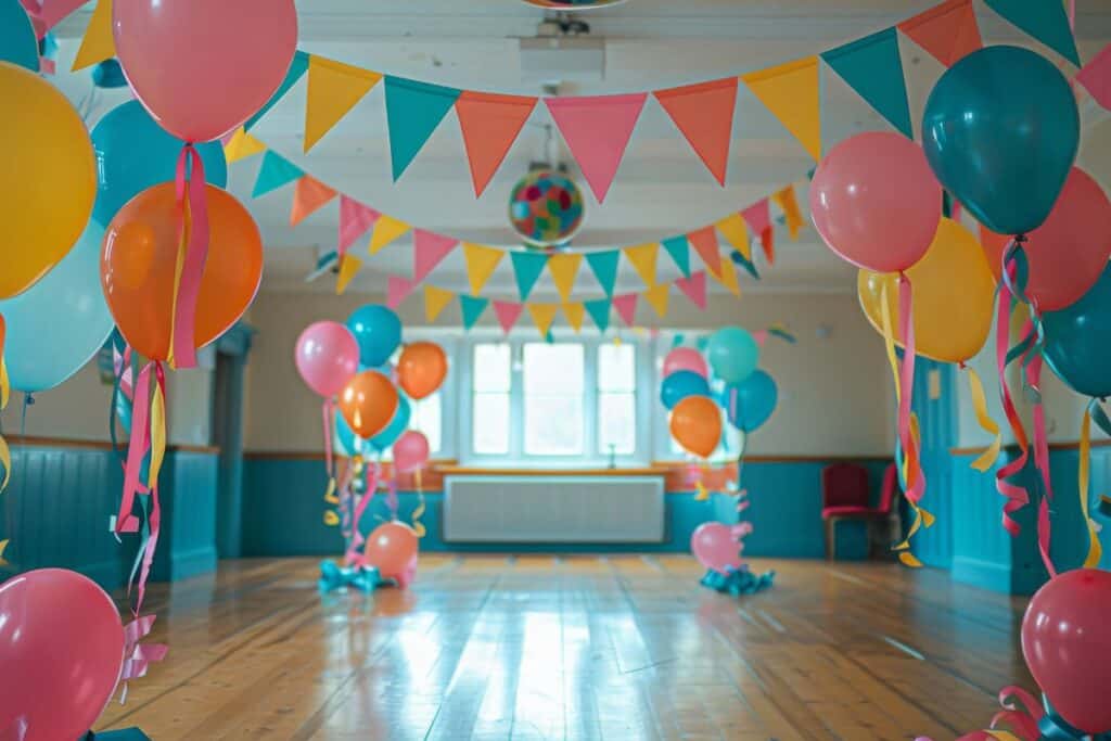 Example of decorating large spaces for a party. This example is simple with colorful banners strung across the ceiling and balloon bouquets filled with helium.