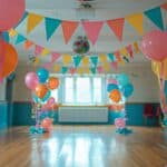 Example of decorating large spaces for a party. This example is simple with colorful banners strung across the ceiling and balloon bouquets filled with helium.
