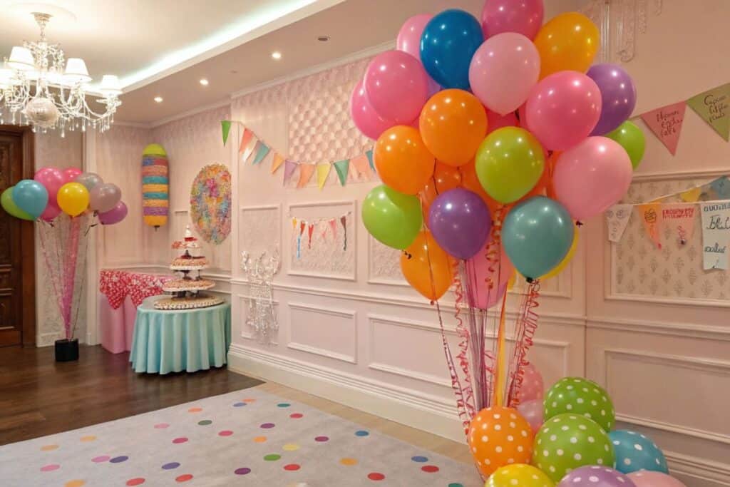 Colorful balloon bouquet and flag banners used as a focal point.