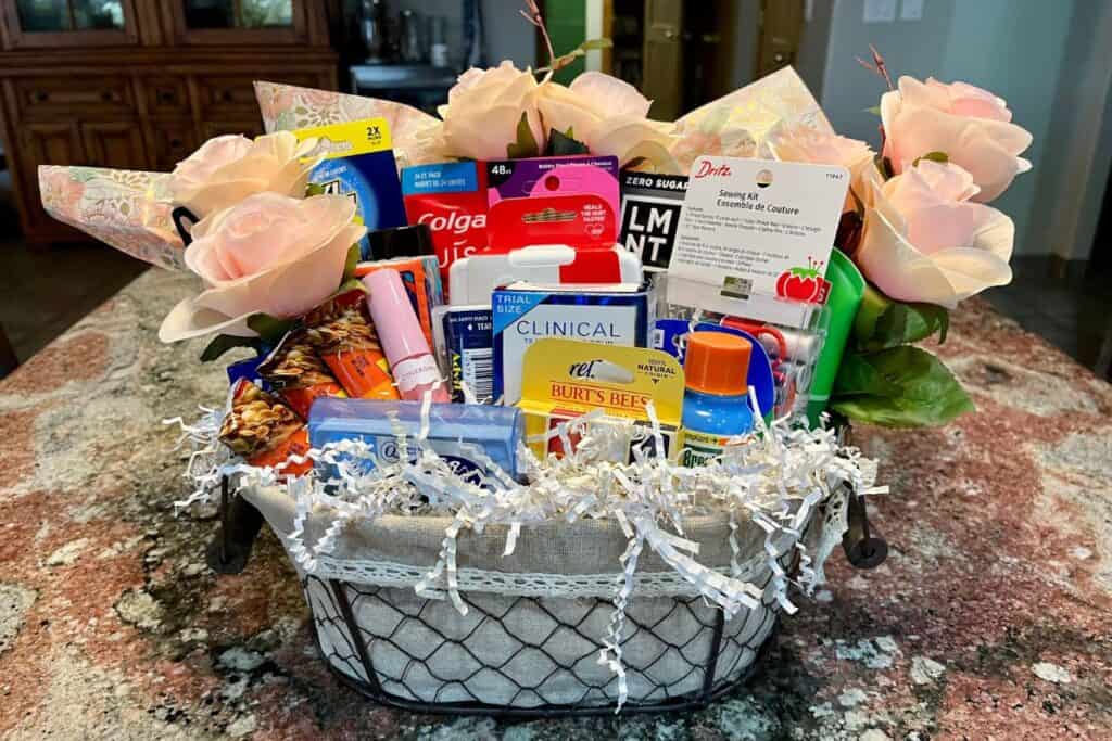 Wedding day survival kit made into a lovely basket which make a great gift for the bride to be.