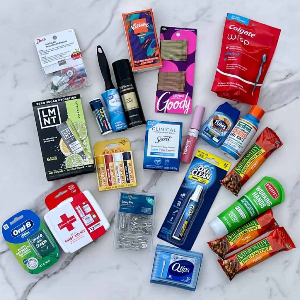 Supplies needed to create a wedding day survival kit.