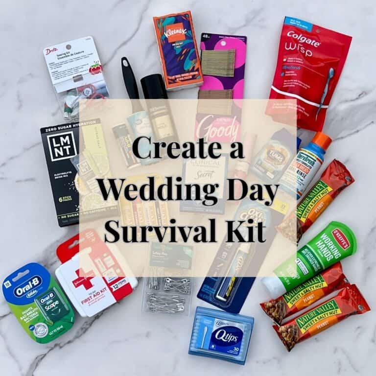 Featured image showing emergency wedding day survival kit supplies. The text overlay says, "Create a Wedding Day Survival Kit."