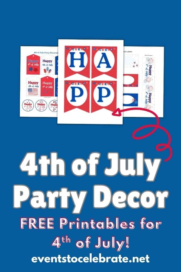 4th of July party decorations. Free printables containing banners, cupcake toppers and wrappers, party invitations, thank you cards and more.