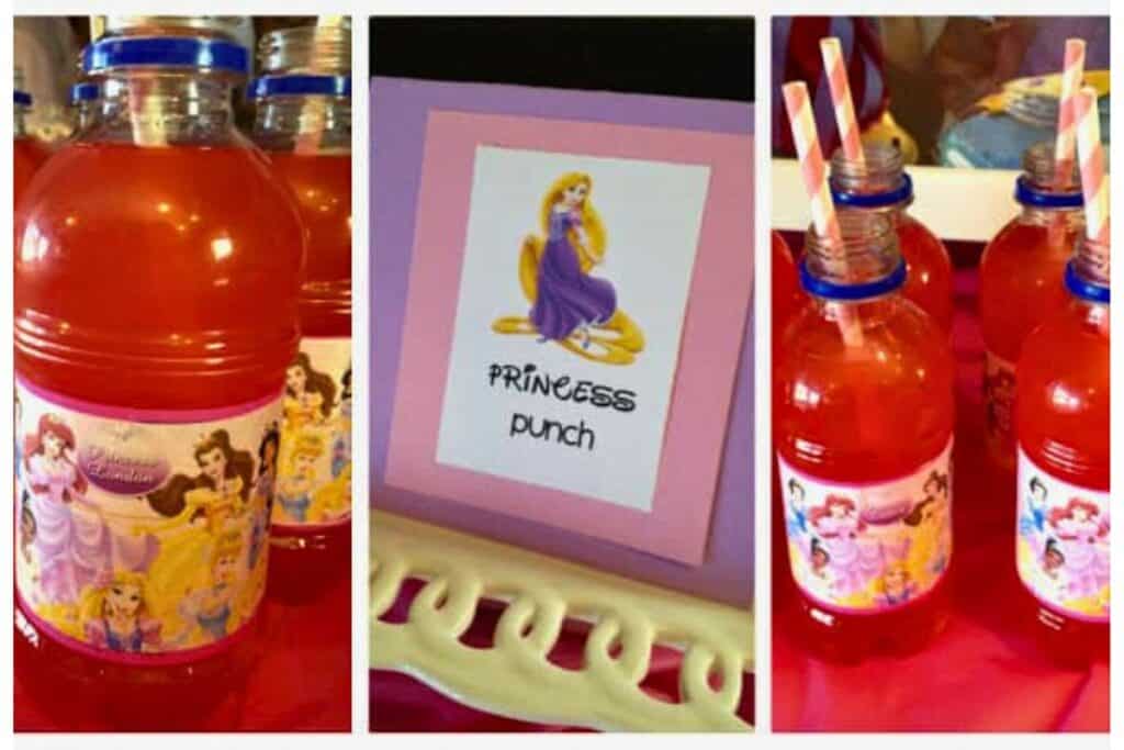 Juice bottles opened with straws already in them and ready for guest to grab. The food label says, "Princess Punch".