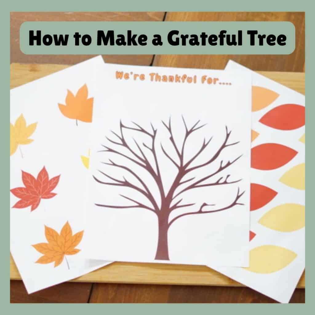 My free printable Gratitude Tree, showing a bare tree and two pages of different colored leaves to write what you're thankful for and decorate the tree.
