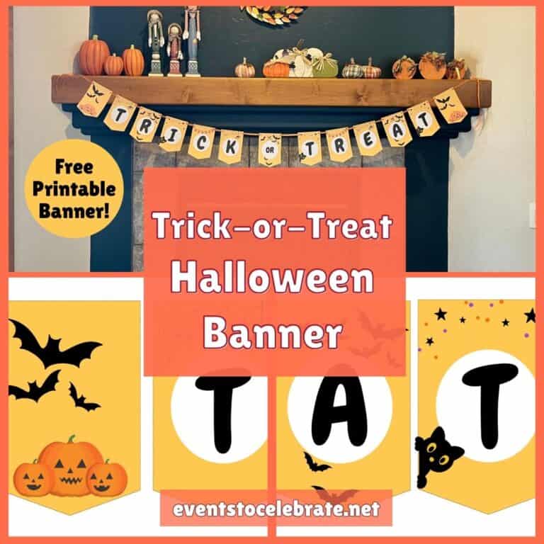 Featured image featuring my free printable of a trick or treat halloween banner, along with a close up of several of the banner pieces to see how adorable they are.