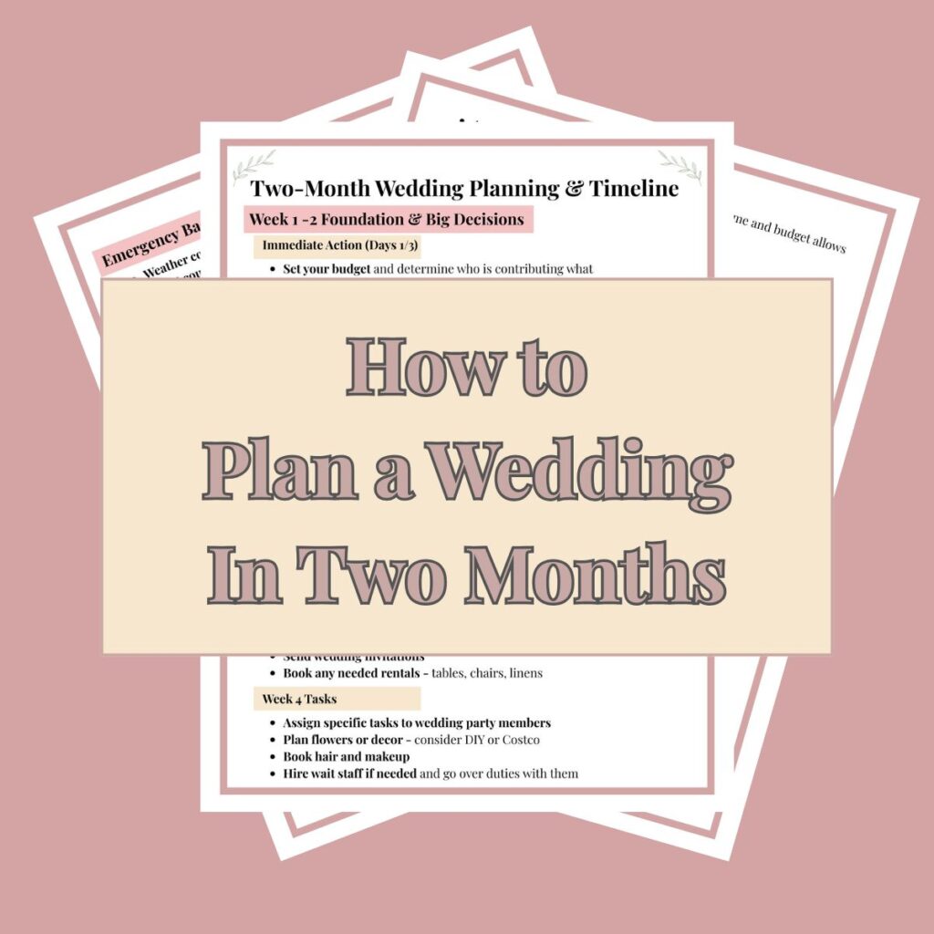 Pages of the free printable titled, "Two-Month Wedding Planning and Timeline." The text overlay says, "How to Plan a Wedding in Two Months."