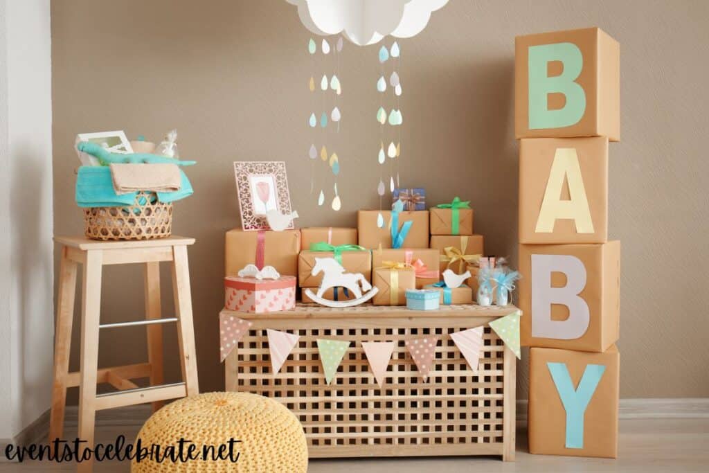 Pastel baby shower decorations at a baby shower.