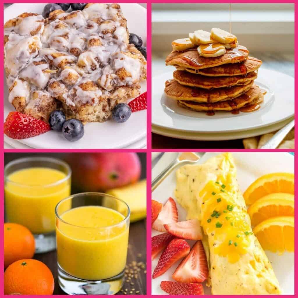 Featured images with omelettes, blender oatmeal pancakes, Cinnamon roll casserole, and pineapple mango smoothies.