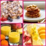 Featured images with omelettes, blender oatmeal pancakes, Cinnamon roll casserole, and pineapple mango smoothies.