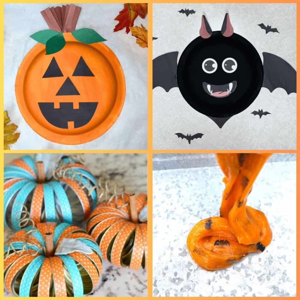 featured image showing 4 Halloween crafts for kids: paper plate pumpkin, paper plate bat craft, mason jar ring pumpkins and Halloween slime.