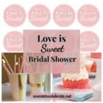 Featured image with a preview of Love is Sweet bridal shower cupcake toppers, red velvet cupcakes and cups and pink chevron straws. The text overlay says, "Love is Sweet Bridal Shower."