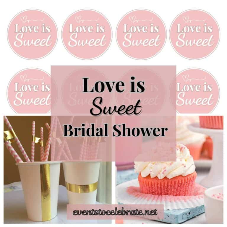 Featured image with a preview of Love is Sweet bridal shower cupcake toppers, red velvet cupcakes and cups and pink chevron straws. The text overlay says, "Love is Sweet Bridal Shower."