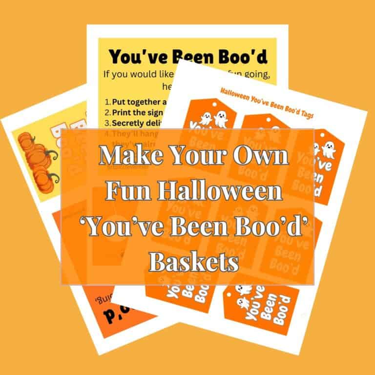 This featured image has all three of the free printable from this post: you've been boo'd gift tags, door hangers and instructions. The text overlay says, "Make your own fun halloween 'you've been boo'd' baskets.
