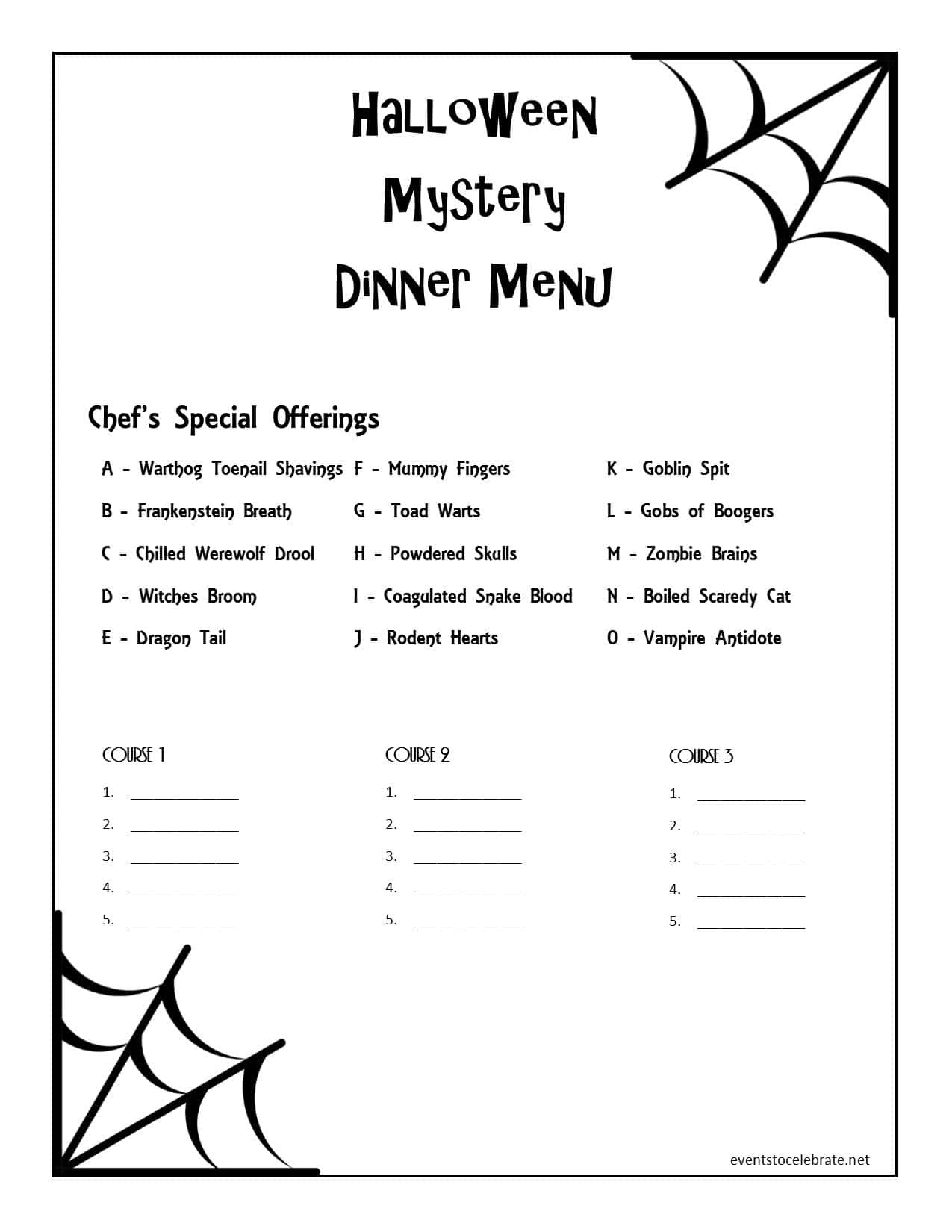 Halloween on sale dinner menu