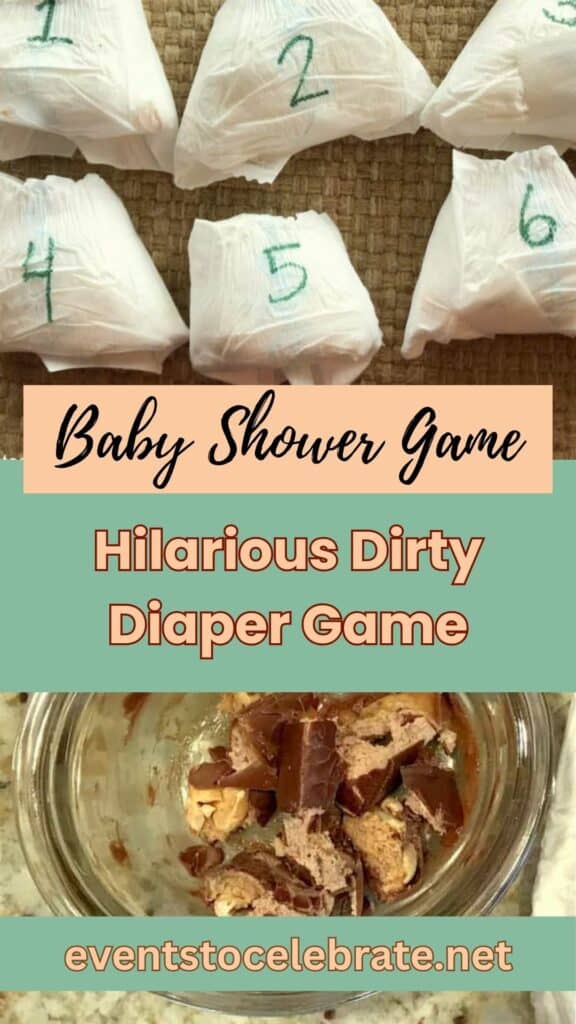 pinterest pin for this post with two images relating to the Dirty Diaper Game. The text overlay says: Baby Shower Game: Hilarious Dirty Diaper Game.
