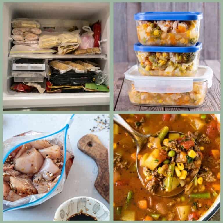 Featured image showing 4 examples of freezer meals perfect for a freezer meal baby shower.