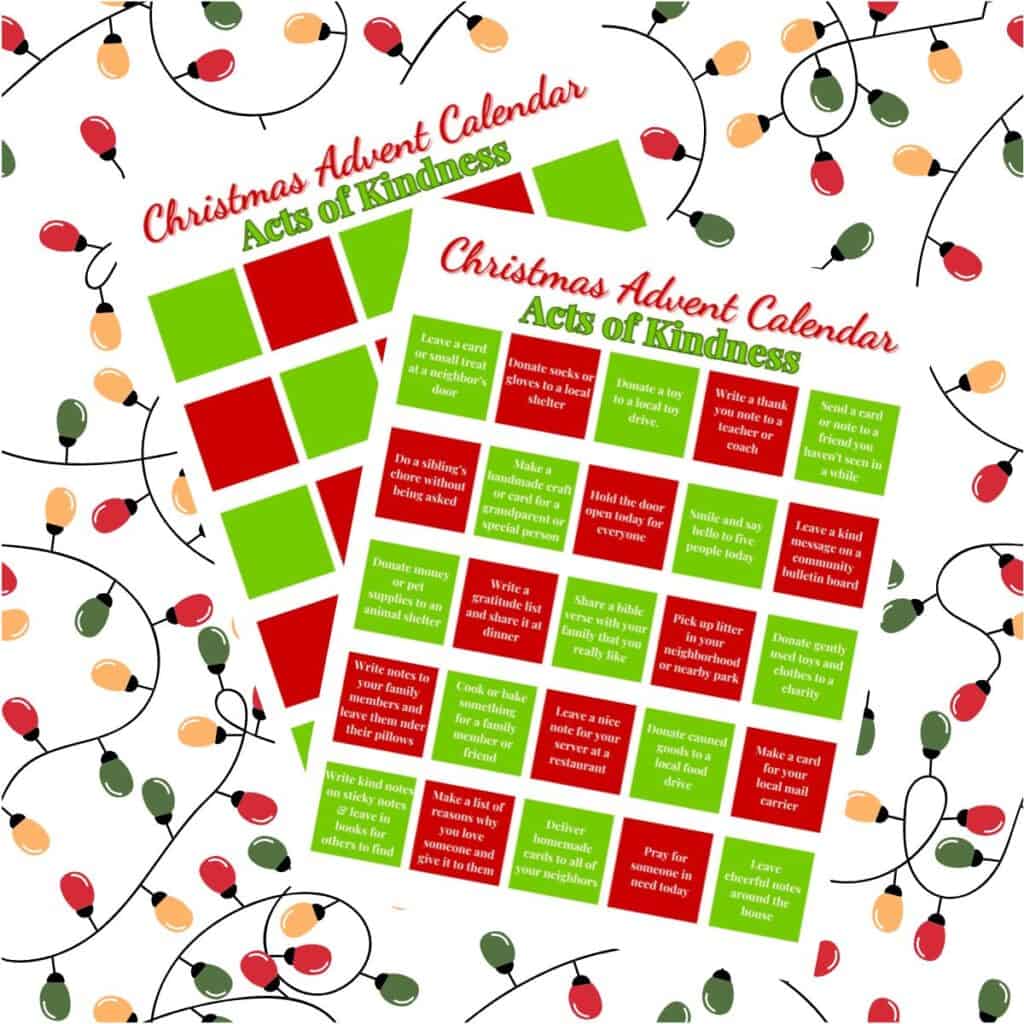 Acts of Kindness Advent Calendar on a Christmas lights background.