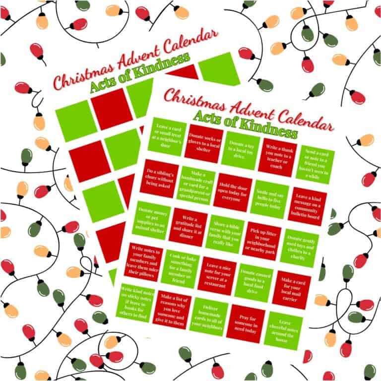 Acts of Kindness Advent Calendar on a Christmas lights background.