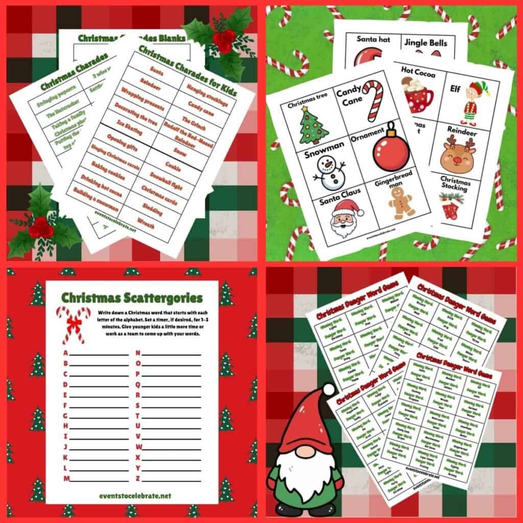 Four free printable Christmas games for kids: Christmas Scattergories, Christmas charades, Christmas Headbands, and Christmas Danger Word Game. 