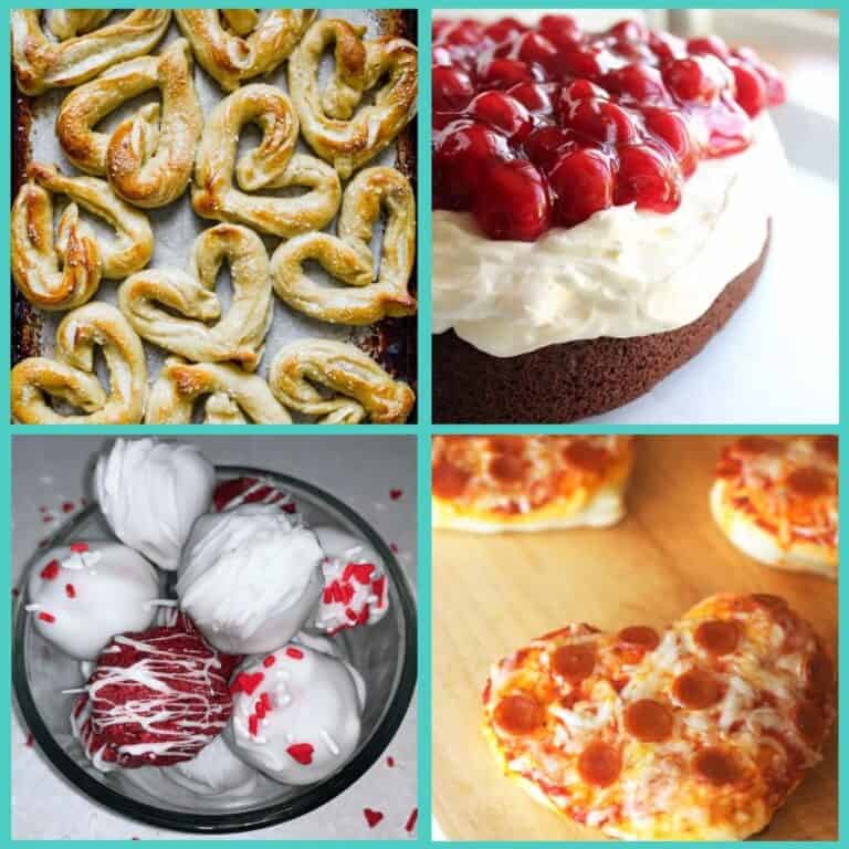 Featured image showing Valentine's Day food: heart shaped pizzas, heart shaped pretzels, sweetheart brownies and red velvet cake pops.