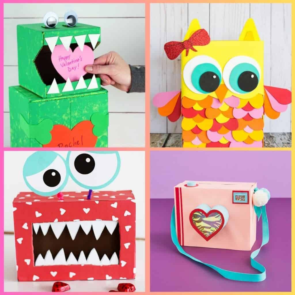 Featured image showing 4 examples of DIY Valentines Boxes that kids will love creating.
