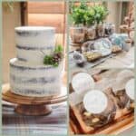 Woodland baby shower photos including a woodland themed cake, trail mix bar and bear claw cookie party favors.