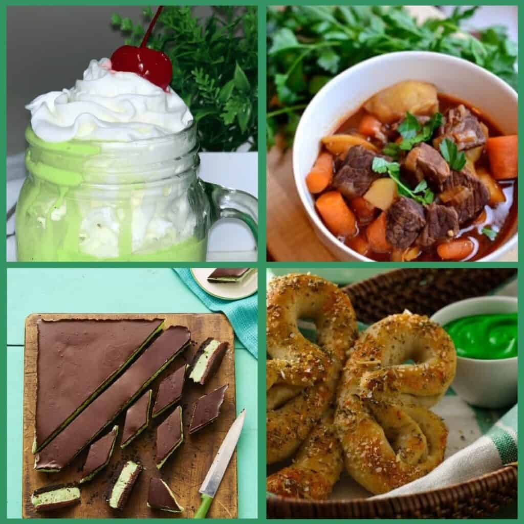 St. Patrick's Day dinner ideas showing beef stew, shamrock-shaped pretzels, Shamrock shake and grasshopper bars.