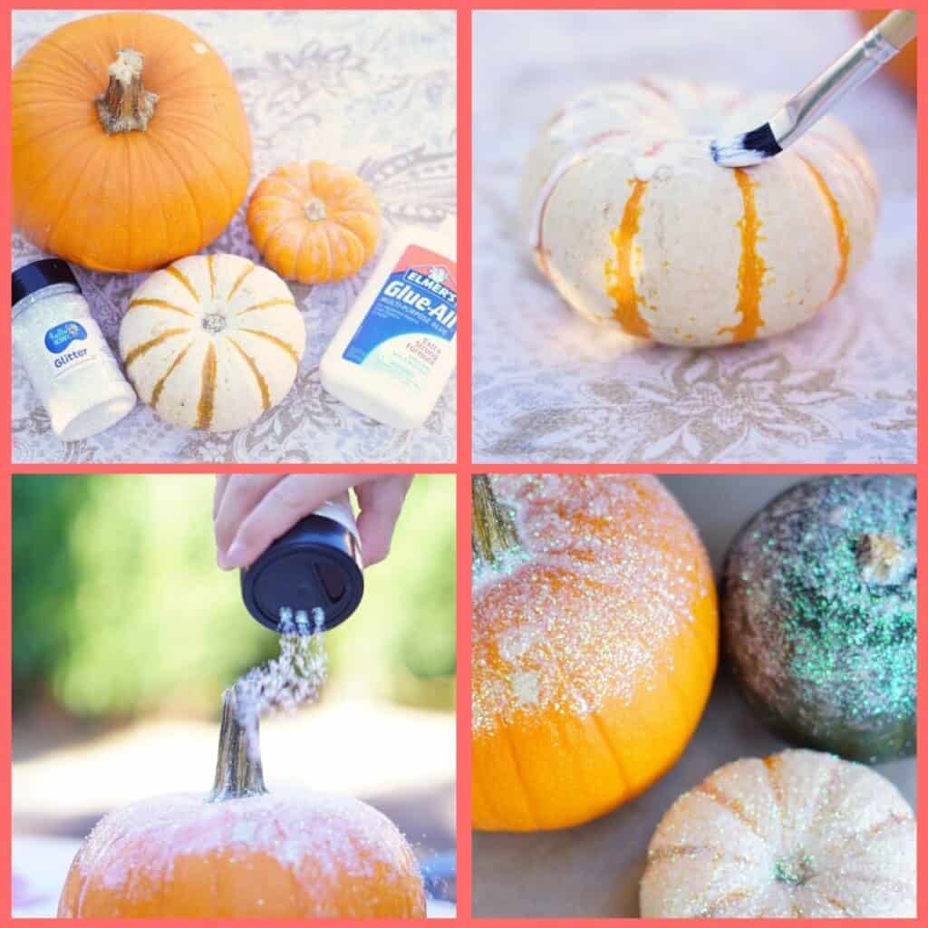 4 images showing how to make easy diy glitter pumpkins.