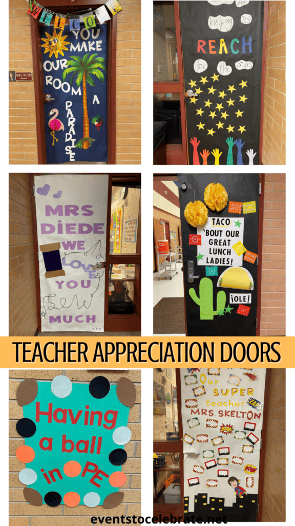 teacher appreciation door idea ball super hero, taco, sewing, paradise, reach for the stars