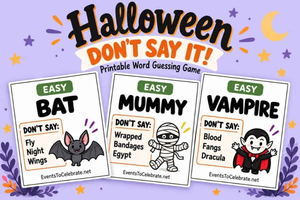 Halloween Don’t Say It printable game featuring Bat, Mummy, and Vampire sample cards.