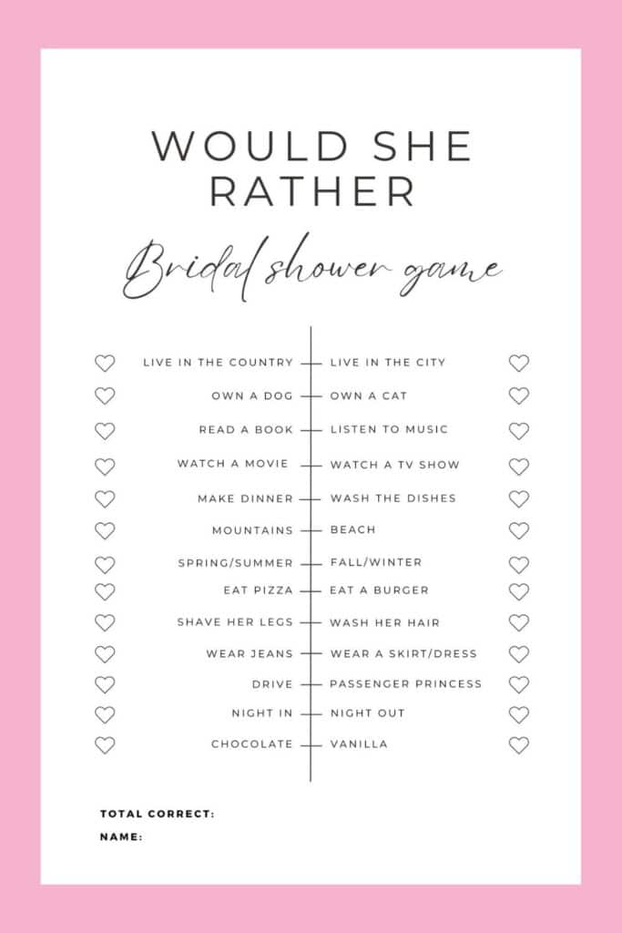 Would She Rather Bridal Shower Game Free Printable Party Ideas