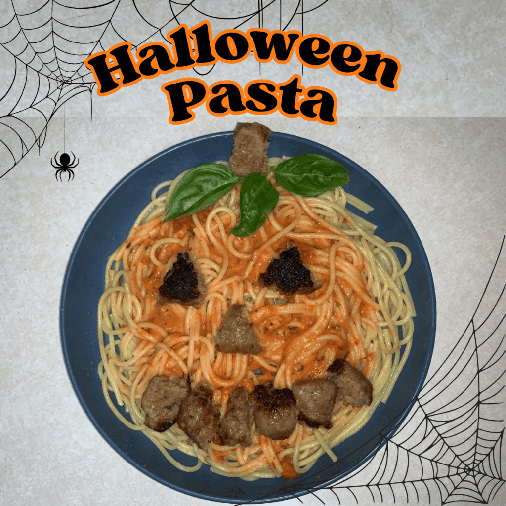 Halloween pasta for kids. This plate looks just like a jack-o-lantern
