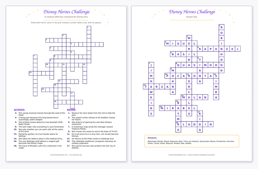 Medium difficulty Disney Heroes crossword puzzles