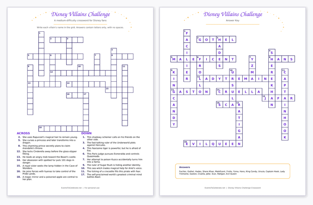 Medium difficulty Disney Villains crossword puzzle