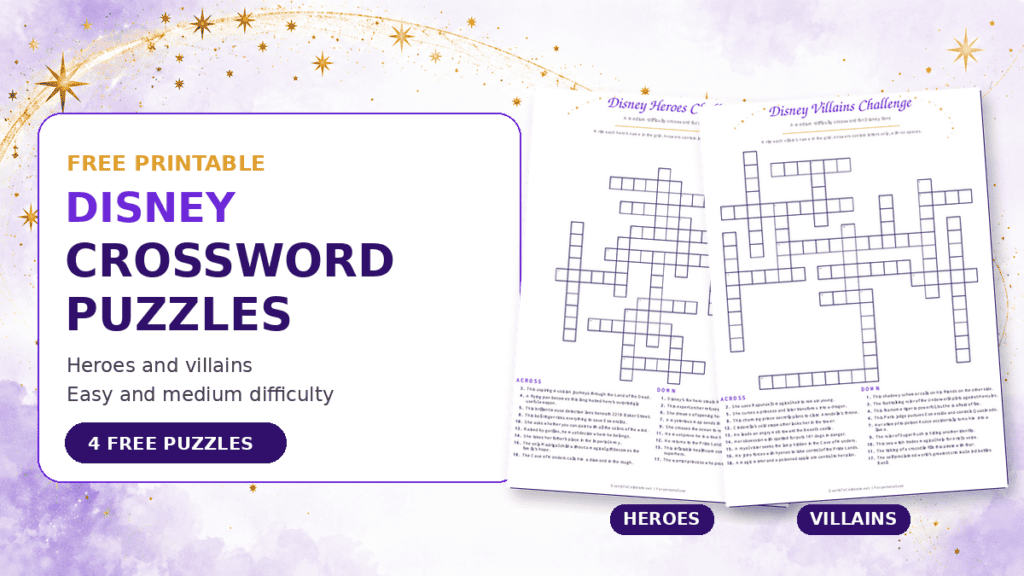 Free Disney crossword puzzles to download. There are 2 easy puzzles and 2 medium difficulty puzzles.