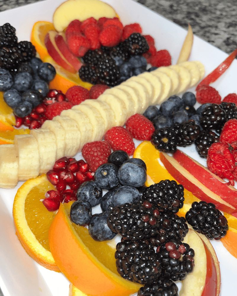 close up of butterfly fruit tray - lots of fresh fruit