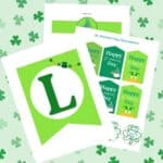 Free printable St. Patrick's Day party decorations on a green clover background.