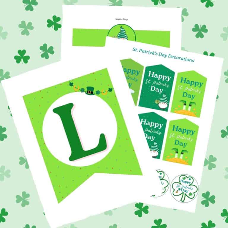 Free printable St. Patrick's Day party decorations on a green clover background.