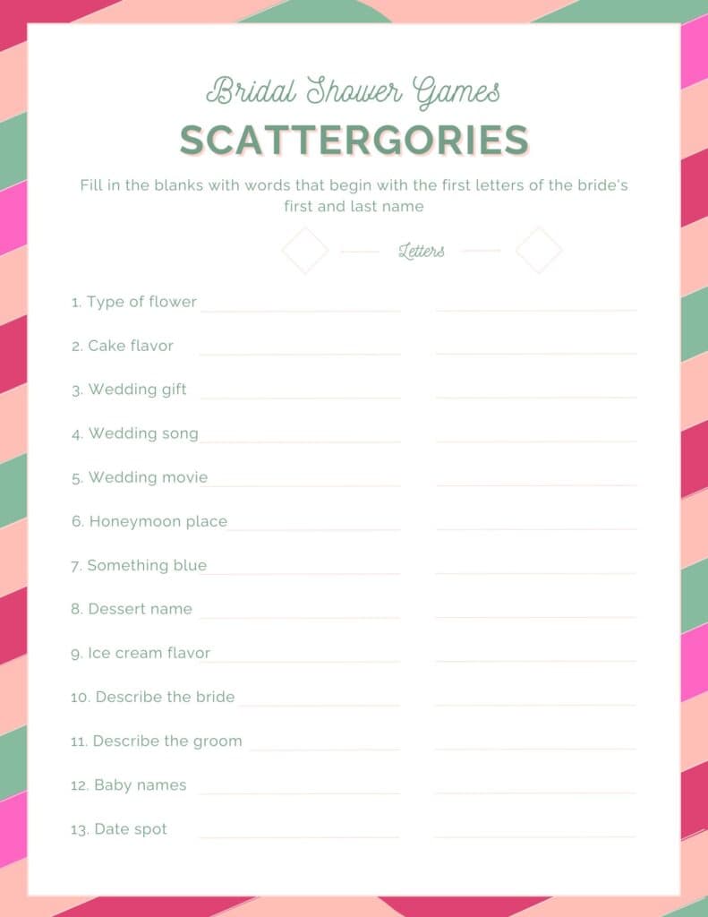 Game Sheet for Bridal Shower Scattergories, one of the free printables in the Free Bridal Shower Game Pack