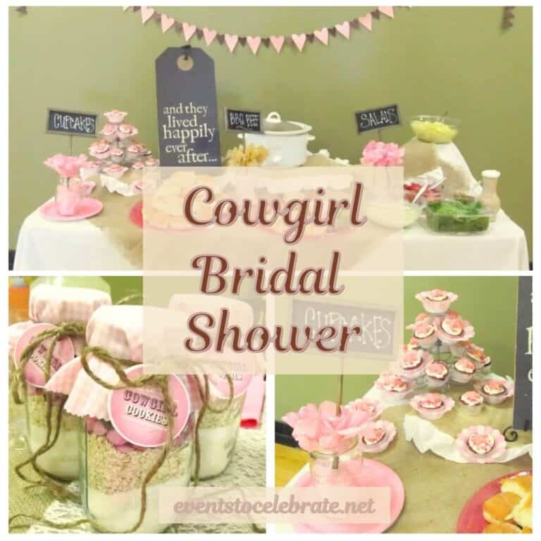 Cowgirl Bridal Shower food display table, bridal shower favors labeled "cowgirl cookie mix" and cupcake and dessert display. They text overlay says, "Cowgirl Bridal Shower"