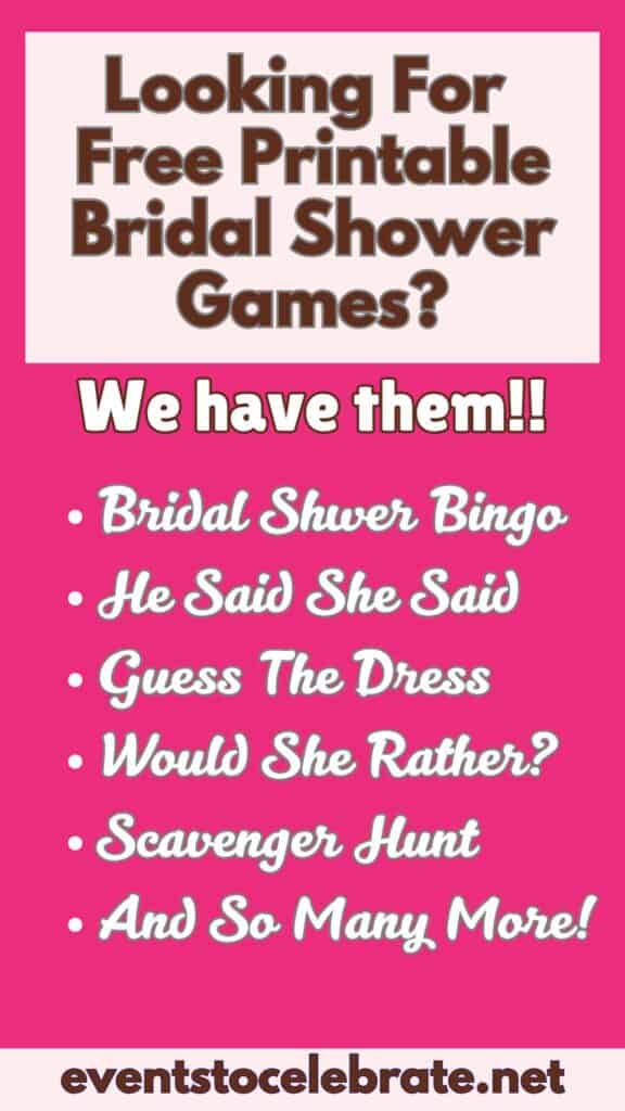 Pinterest pin that says, "Looking for free printable bridal shower games? We have them!"
