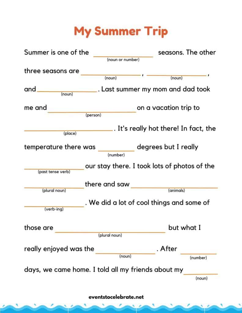 My Summer Trip Mad Lib free printable is a great summer activity for kids.