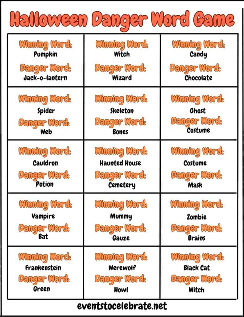 Page 2 of Halloween Danger Word Game free printable.