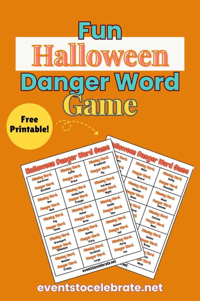 Images of Halloween Danger Word Game printables. The text says, "Fun Halloween Danger Word Game."