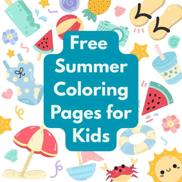 A summer time background of beach items and watermelon slices. The text overlay says, "Free Summer Coloring Pages For Kids"